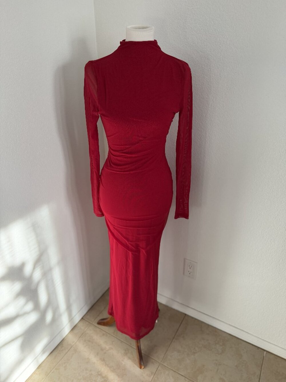 COLYSMO Red Mesh Maxi Dress Womens Small Long Sleeve Open Back Mock Neck Bodycon
